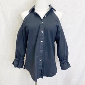 Vintage 80's-90's cold shoulder ruffle sleeve black button up shirt small/medium